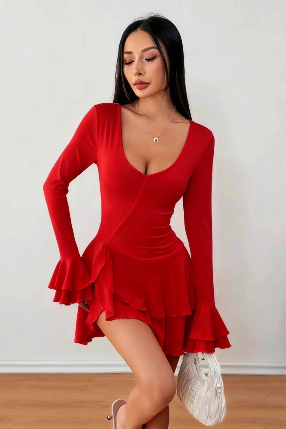 High Waist Slim Fit Solid Color Long Sleeve Mini Dress - Image 2