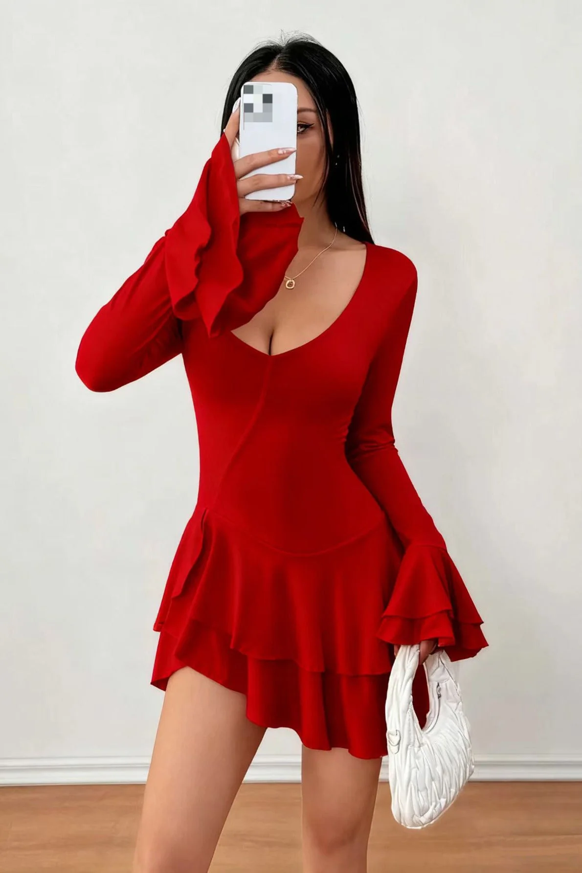 High Waist Slim Fit Solid Color Long Sleeve Mini Dress - Image 5