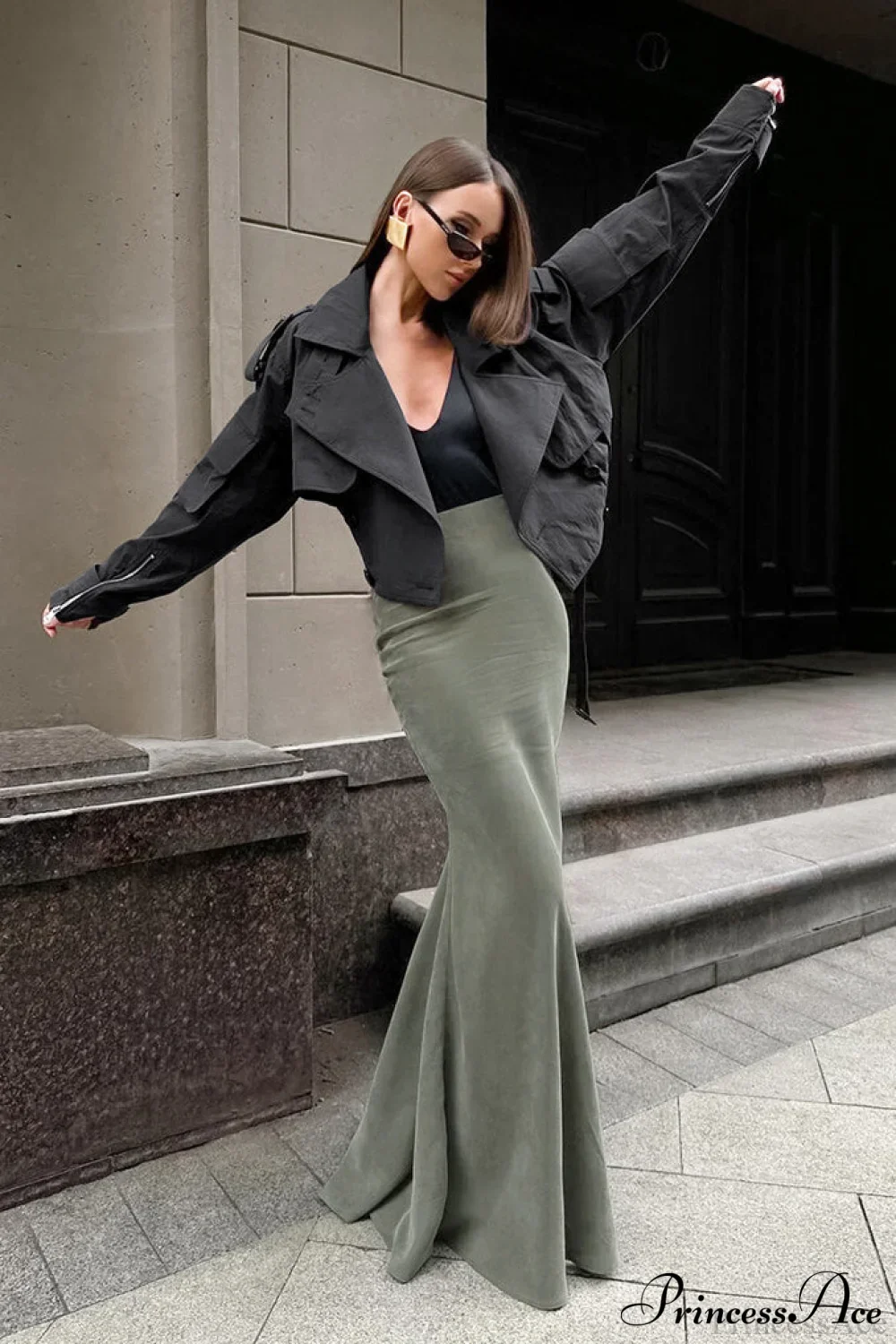 High Waist Slim Green Silver Fox Fur Mermaid Skirt - Image 4