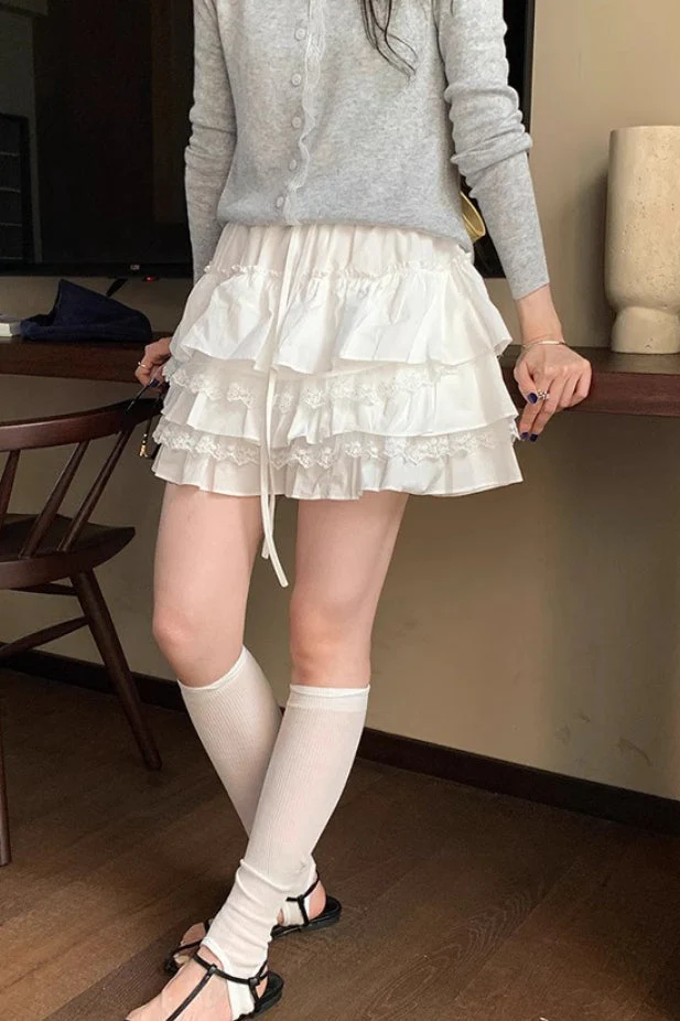 High Waist Tiered Ruffle A Line White Mini Skirt - Image 2