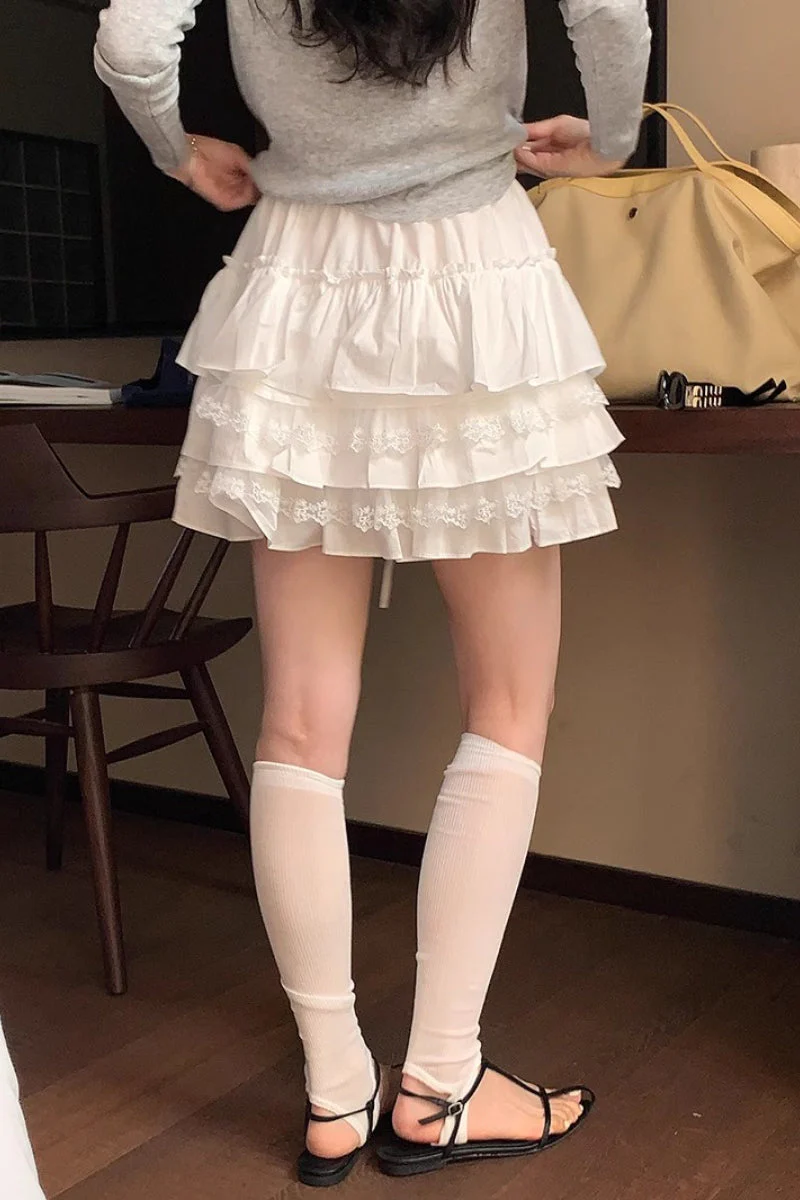 High Waist Tiered Ruffle A Line White Mini Skirt - Image 3