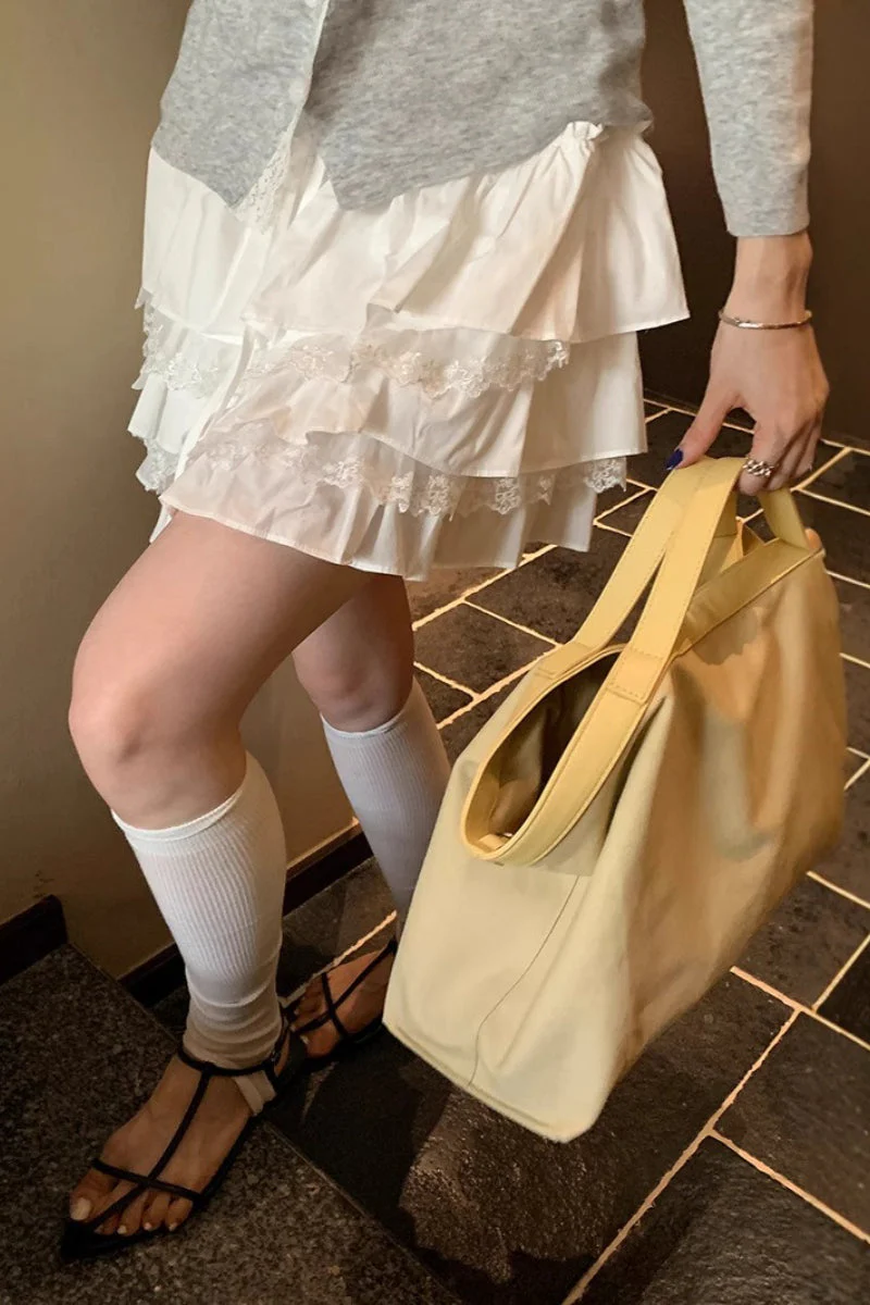 High Waist Tiered Ruffle A Line White Mini Skirt - Image 4