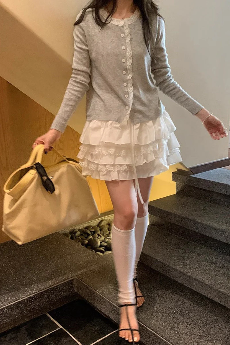 High Waist Tiered Ruffle A Line White Mini Skirt - Image 5