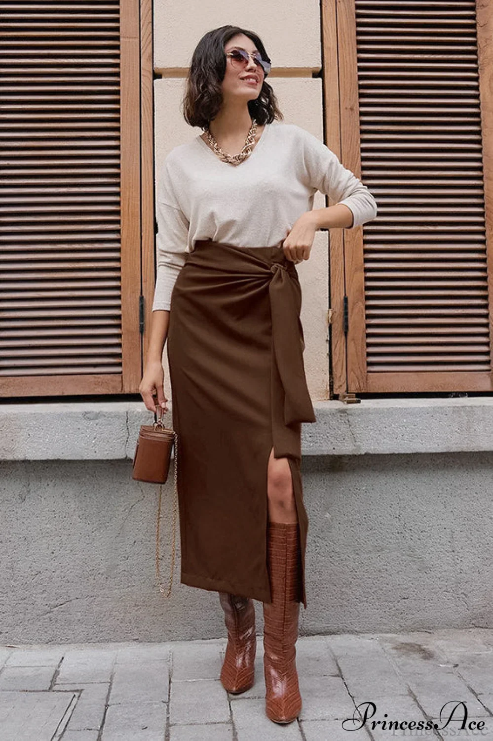 High Waist Split Tie Straight Skirt - Image 4