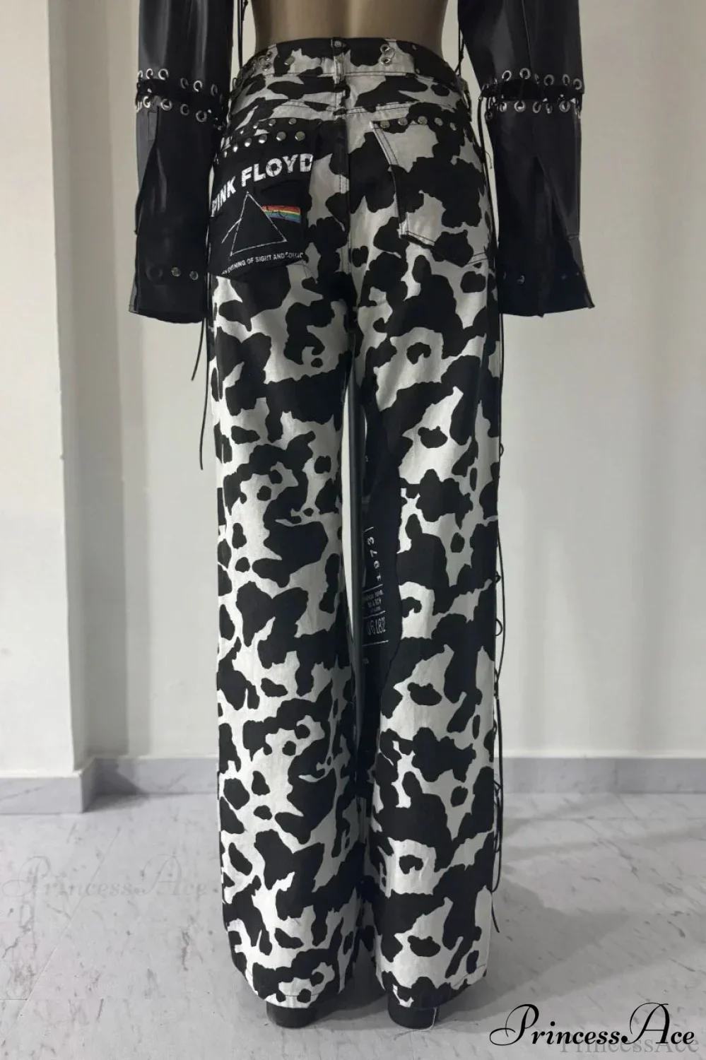 High Waist Straight Leg Milk Pattern Tassel Pants - Image 3