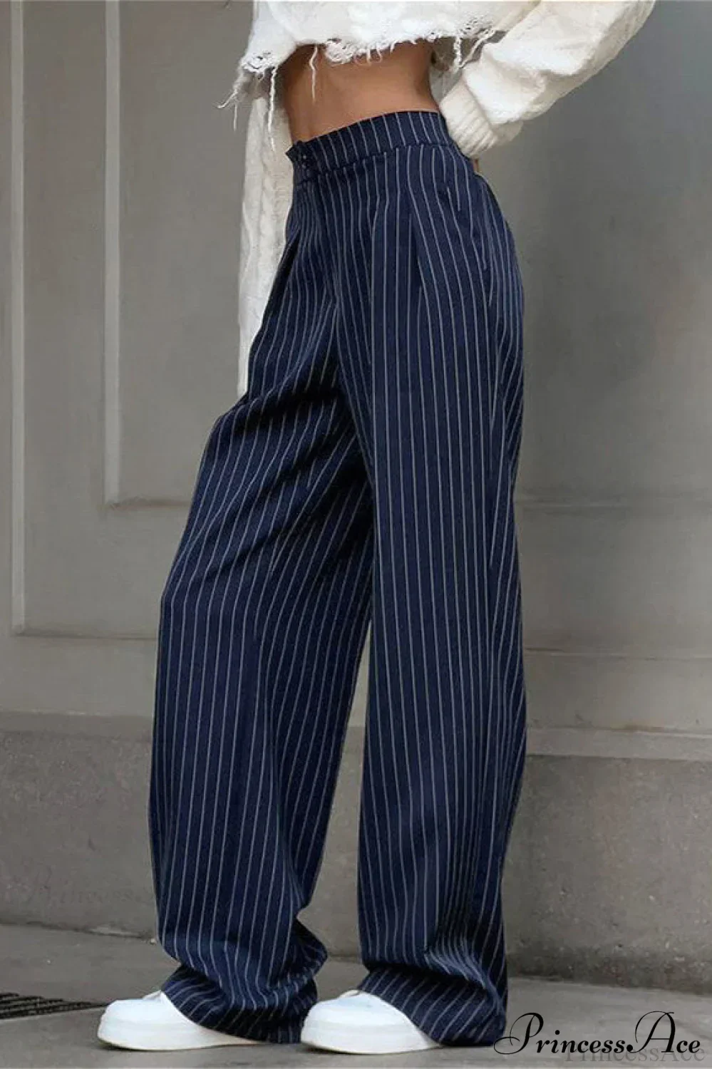 High Waist Straight Wide Leg Navy Stripe Pants - Image 2