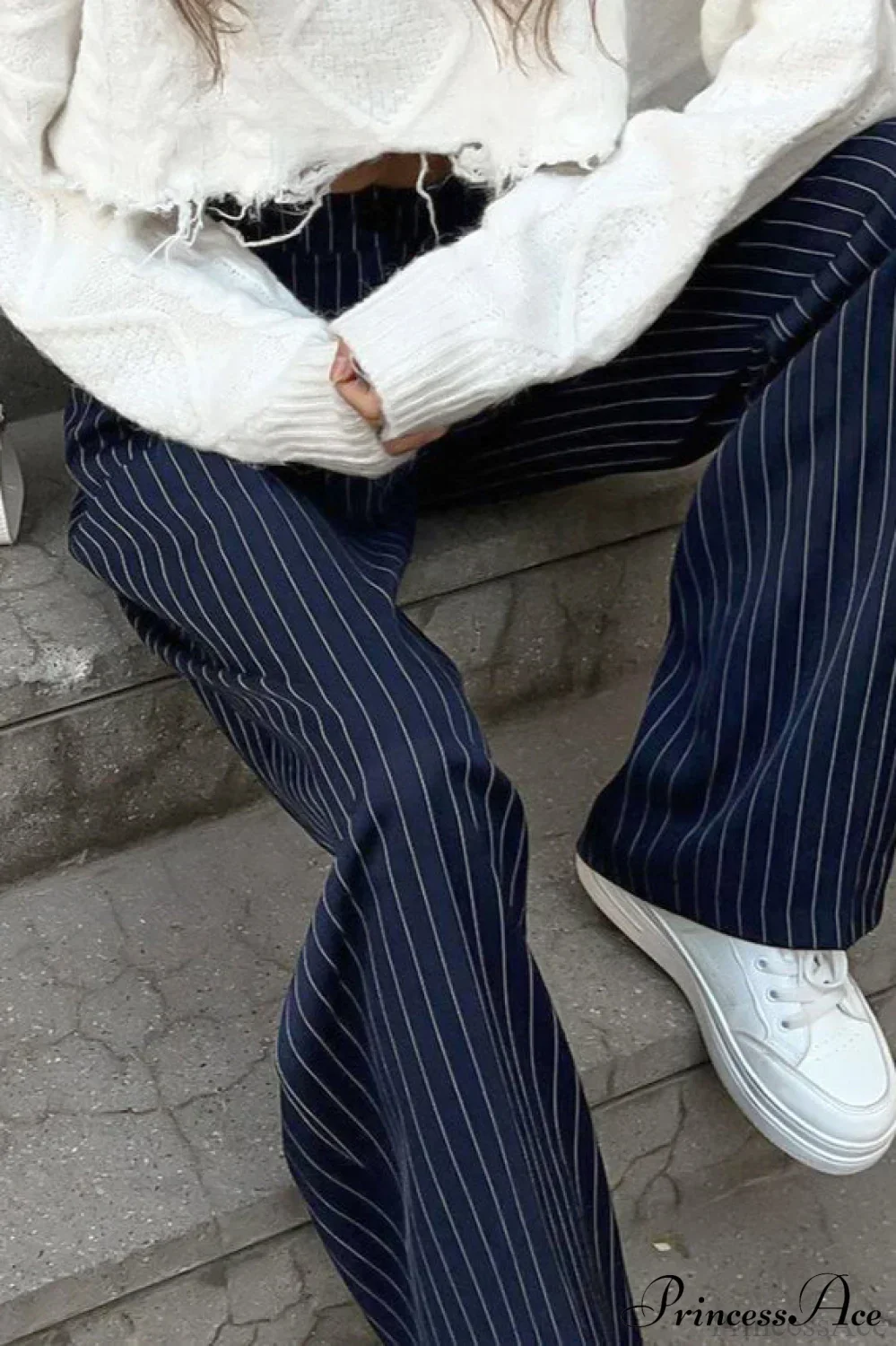 High Waist Straight Wide Leg Navy Stripe Pants - Image 4