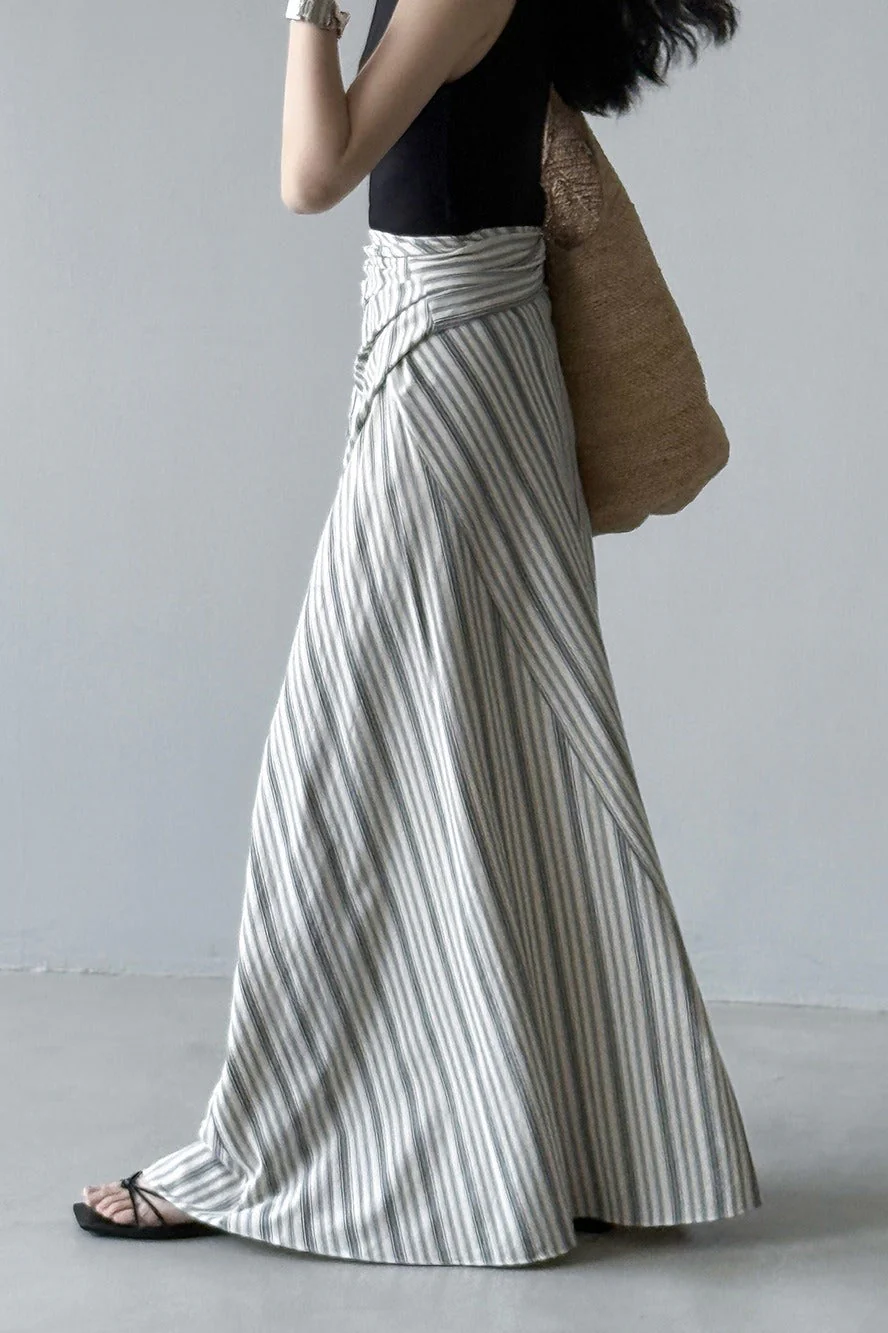 High Waist Striped Tie Waist A Line Maxi Skirt - Image 3