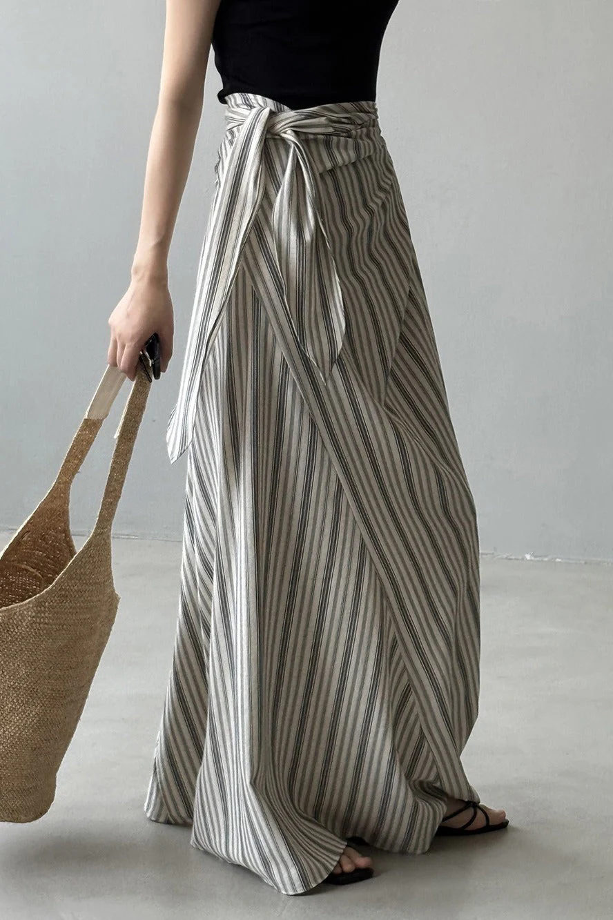 High Waist Striped Tie Waist A Line Maxi Skirt - Image 5