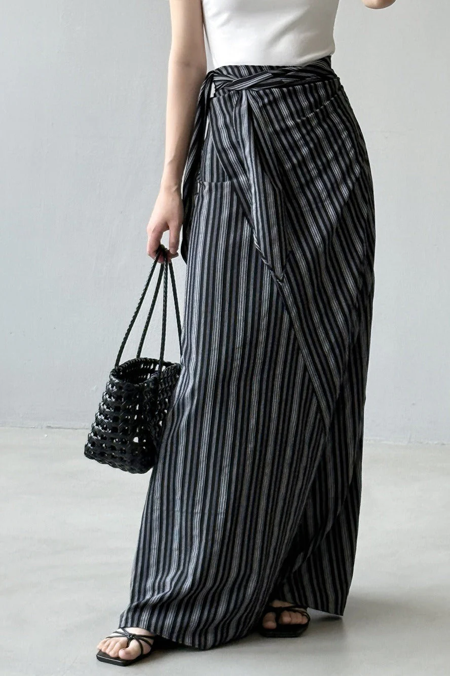 High Waist Striped Tie Waist A Line Maxi Skirt - Image 6