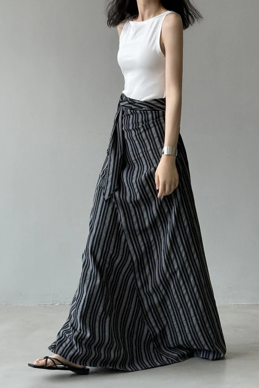 High Waist Striped Tie Waist A Line Maxi Skirt - Image 9