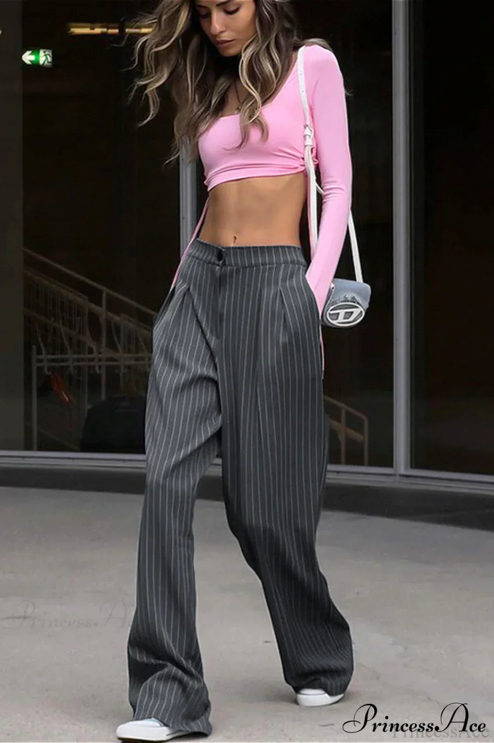 High Waist Wide Leg Stripe Tailored Pants - Image 3