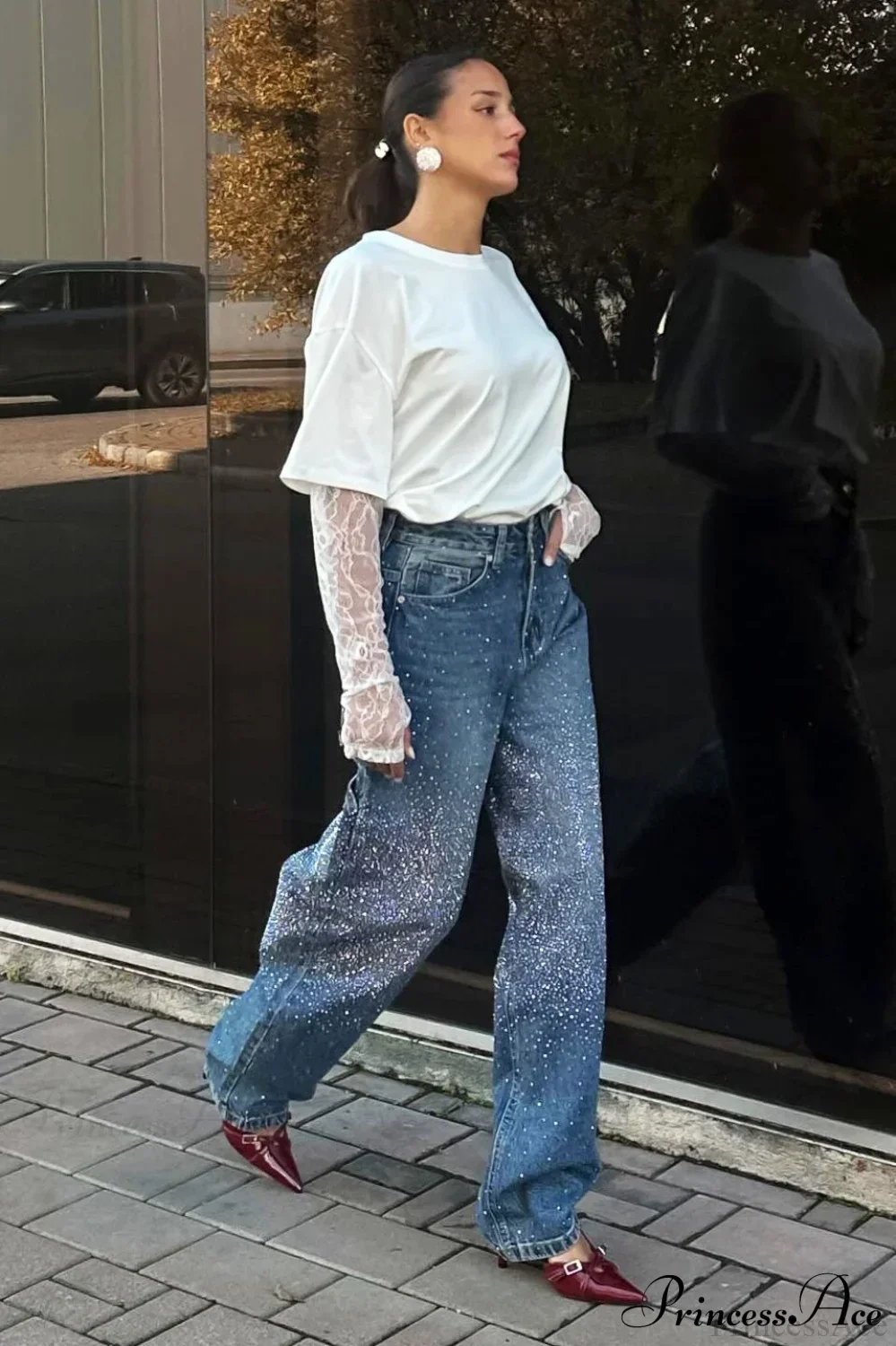 High Waisted Allover Rhinestone Straight Leg Jeans - Image 2