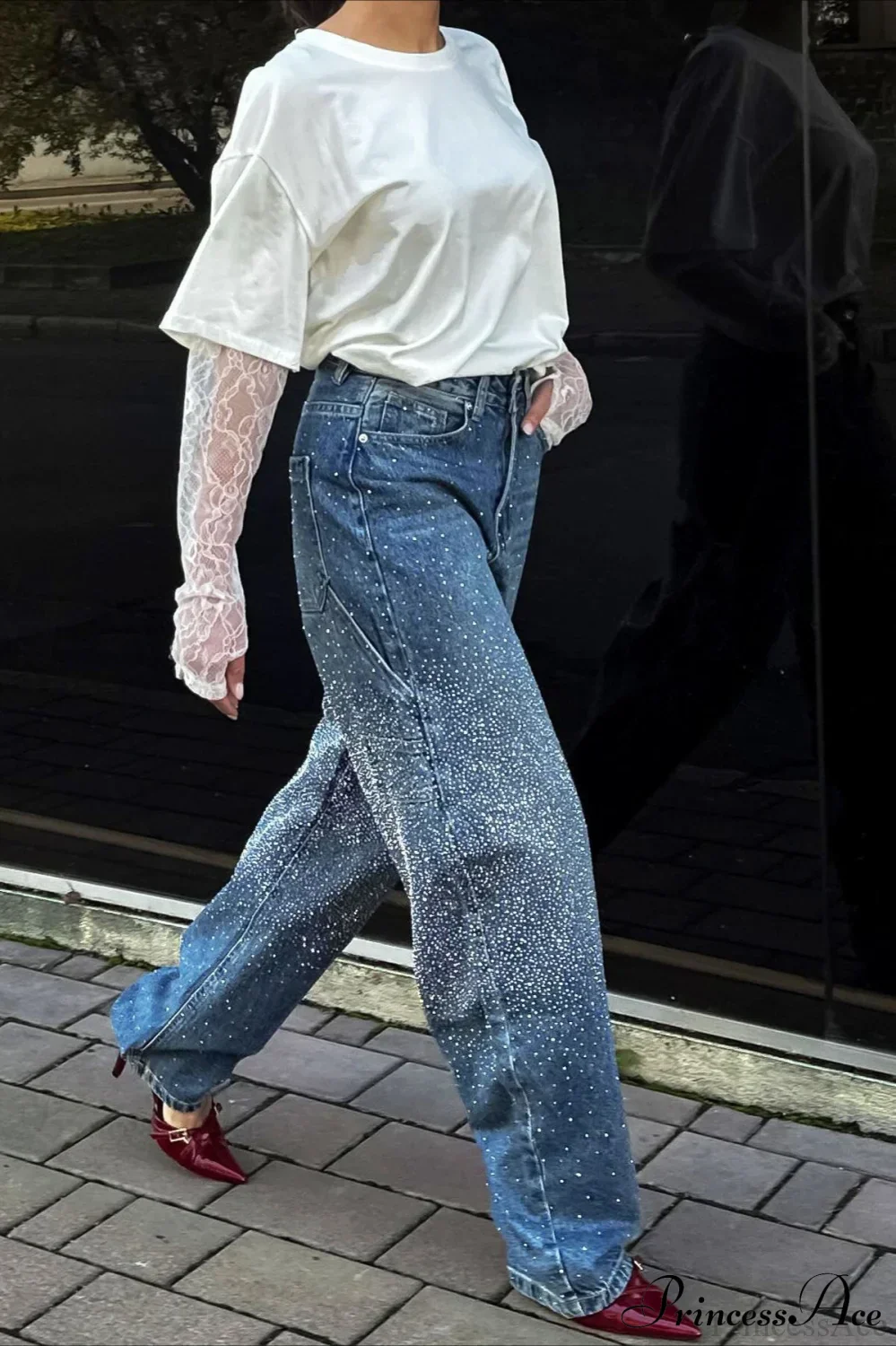 High Waisted Allover Rhinestone Straight Leg Jeans - Image 3