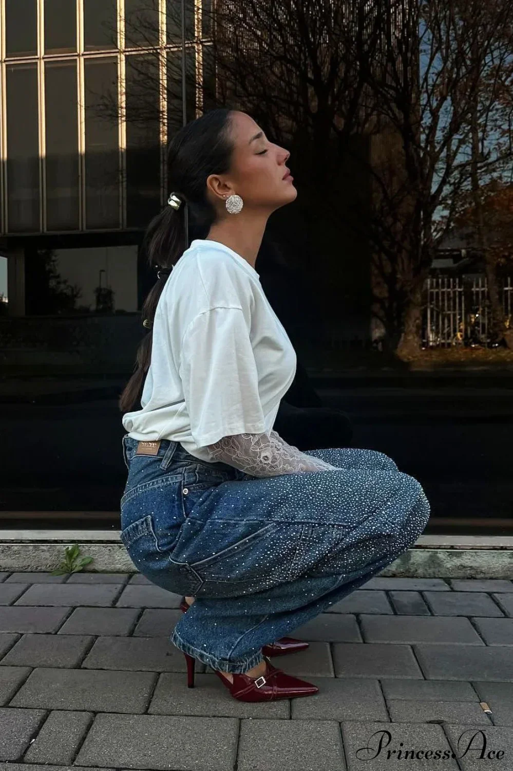 High Waisted Allover Rhinestone Straight Leg Jeans - Image 4