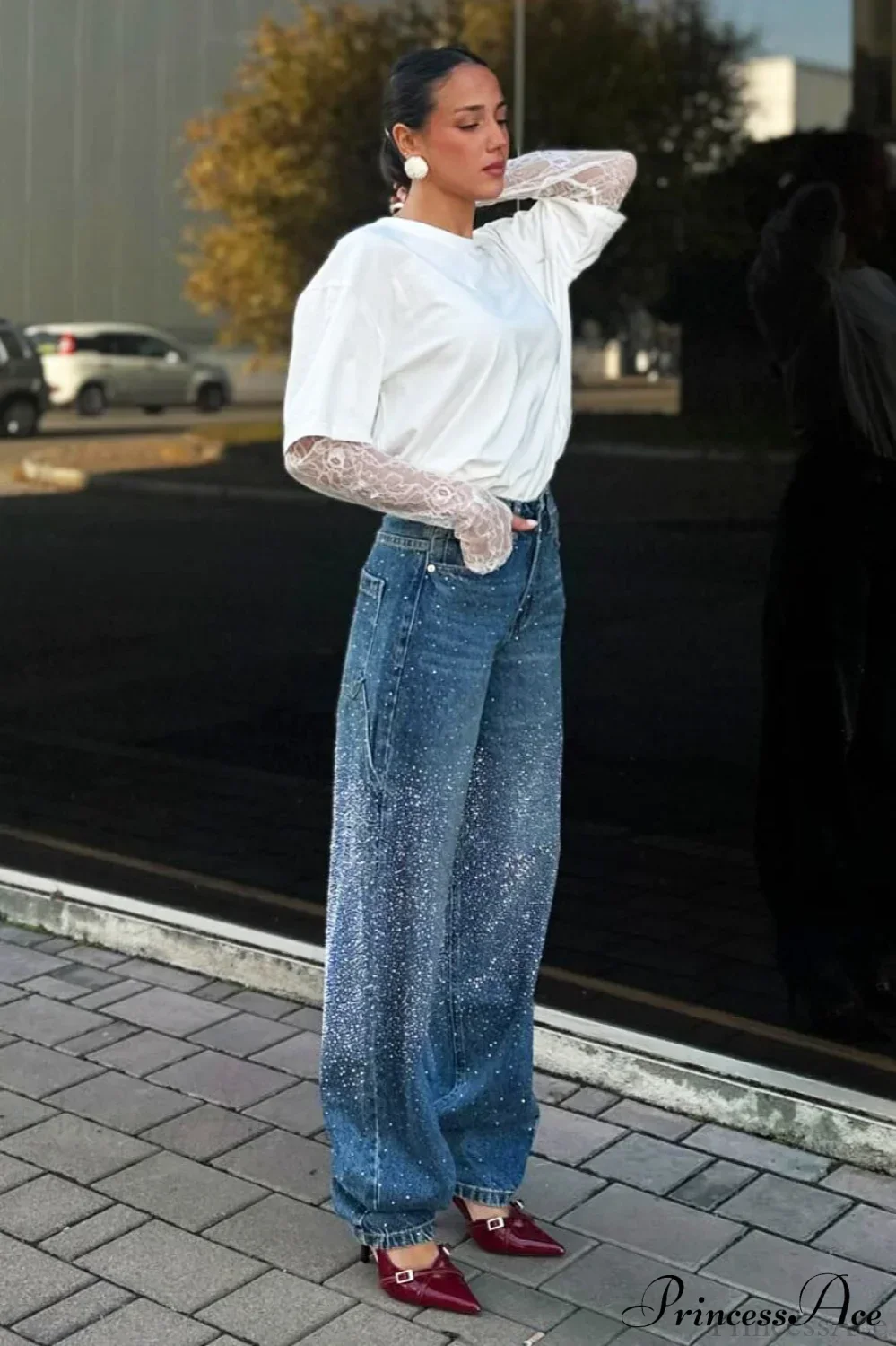 High Waisted Allover Rhinestone Straight Leg Jeans - Image 5
