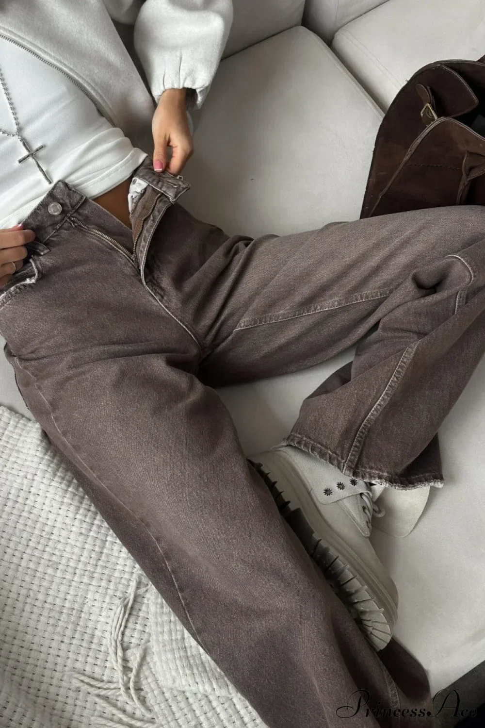 High Waisted Brown Straight Leg Jeans - Image 2