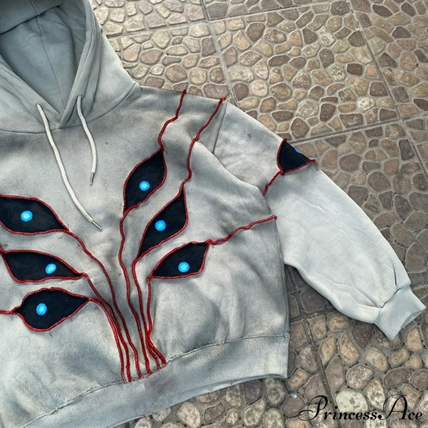 Hip-Hop Topstitch Eye Applique Hoodie - Image 3