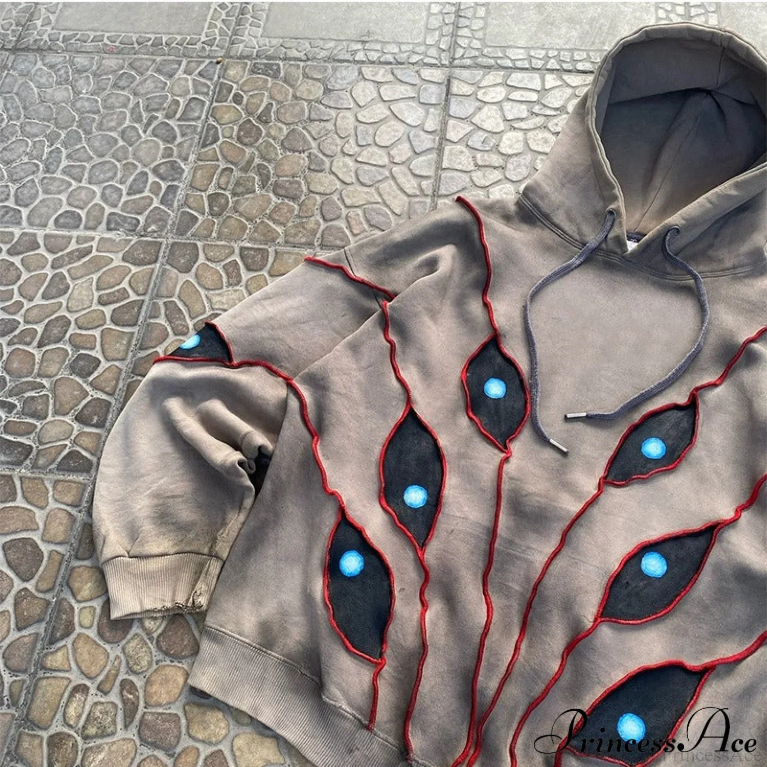 Hip-Hop Topstitch Eye Applique Hoodie - Image 4