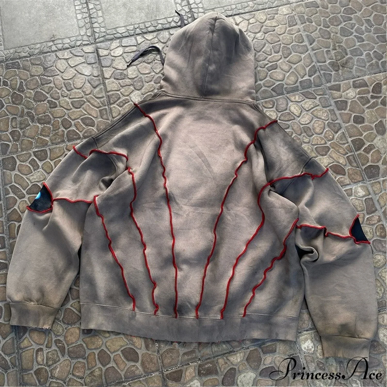 Hip-Hop Topstitch Eye Applique Hoodie - Image 5