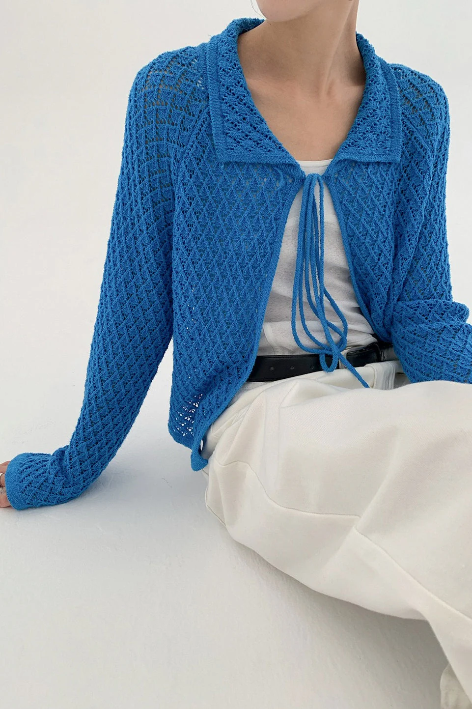 Hollow-Out Collared Tie-Waist Long-Sleeve Short Knit Cardigan - Image 10