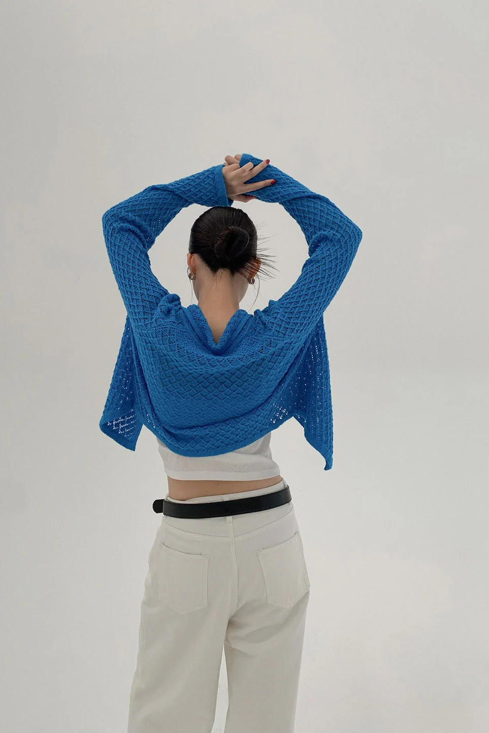 Hollow-Out Collared Tie-Waist Long-Sleeve Short Knit Cardigan - Image 11