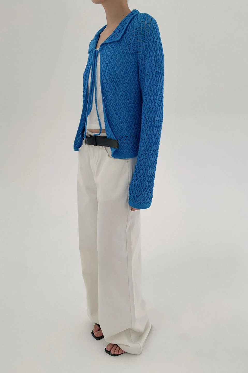 Hollow-Out Collared Tie-Waist Long-Sleeve Short Knit Cardigan - Image 13