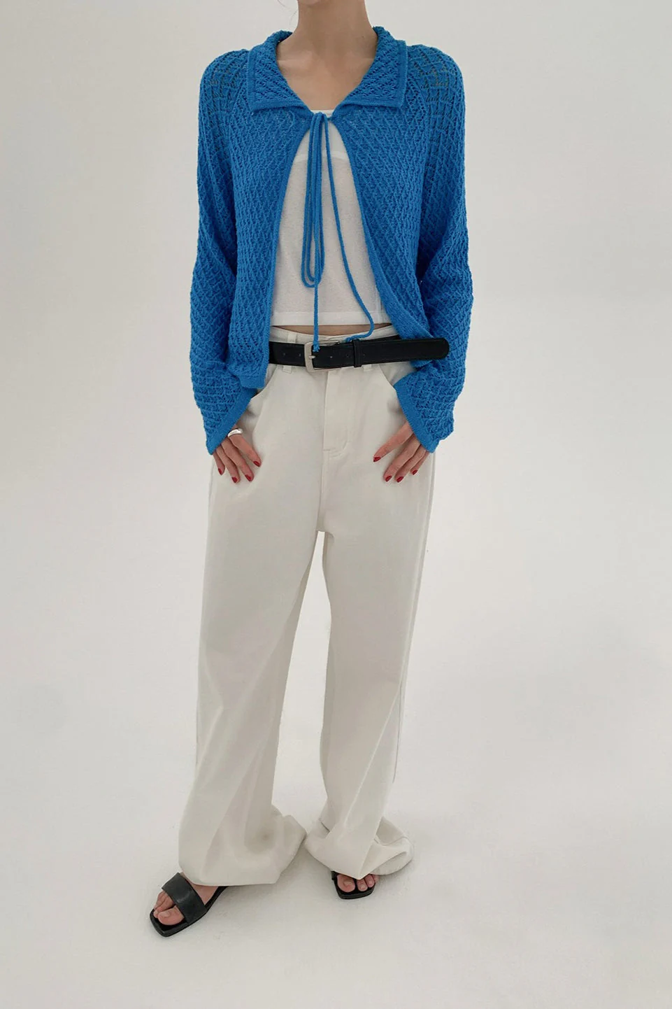 Hollow-Out Collared Tie-Waist Long-Sleeve Short Knit Cardigan - Image 14
