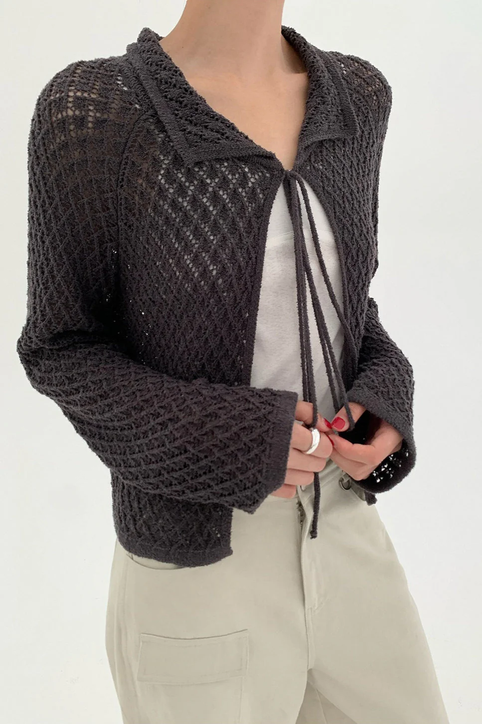 Hollow-Out Collared Tie-Waist Long-Sleeve Short Knit Cardigan - Image 2