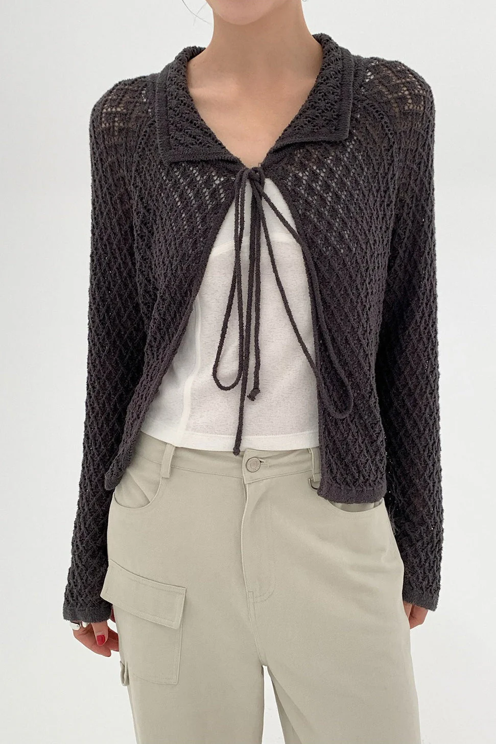 Hollow-Out Collared Tie-Waist Long-Sleeve Short Knit Cardigan - Image 3
