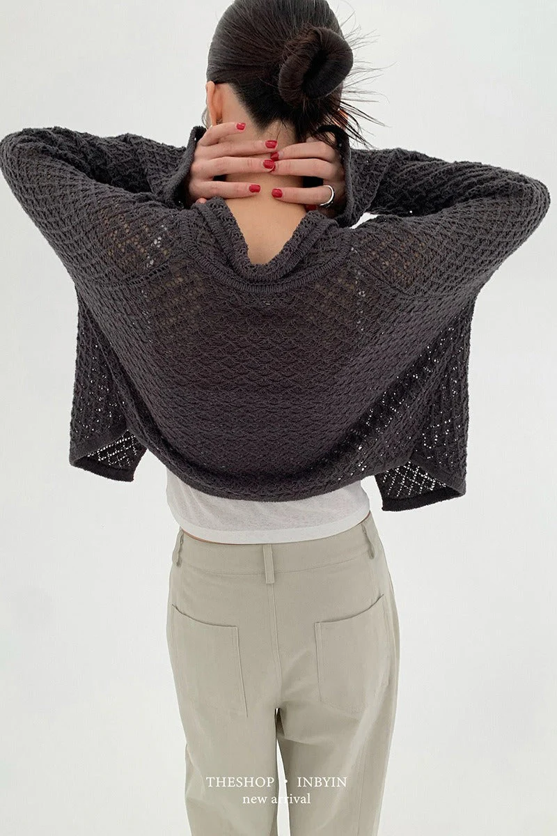 Hollow-Out Collared Tie-Waist Long-Sleeve Short Knit Cardigan - Image 4