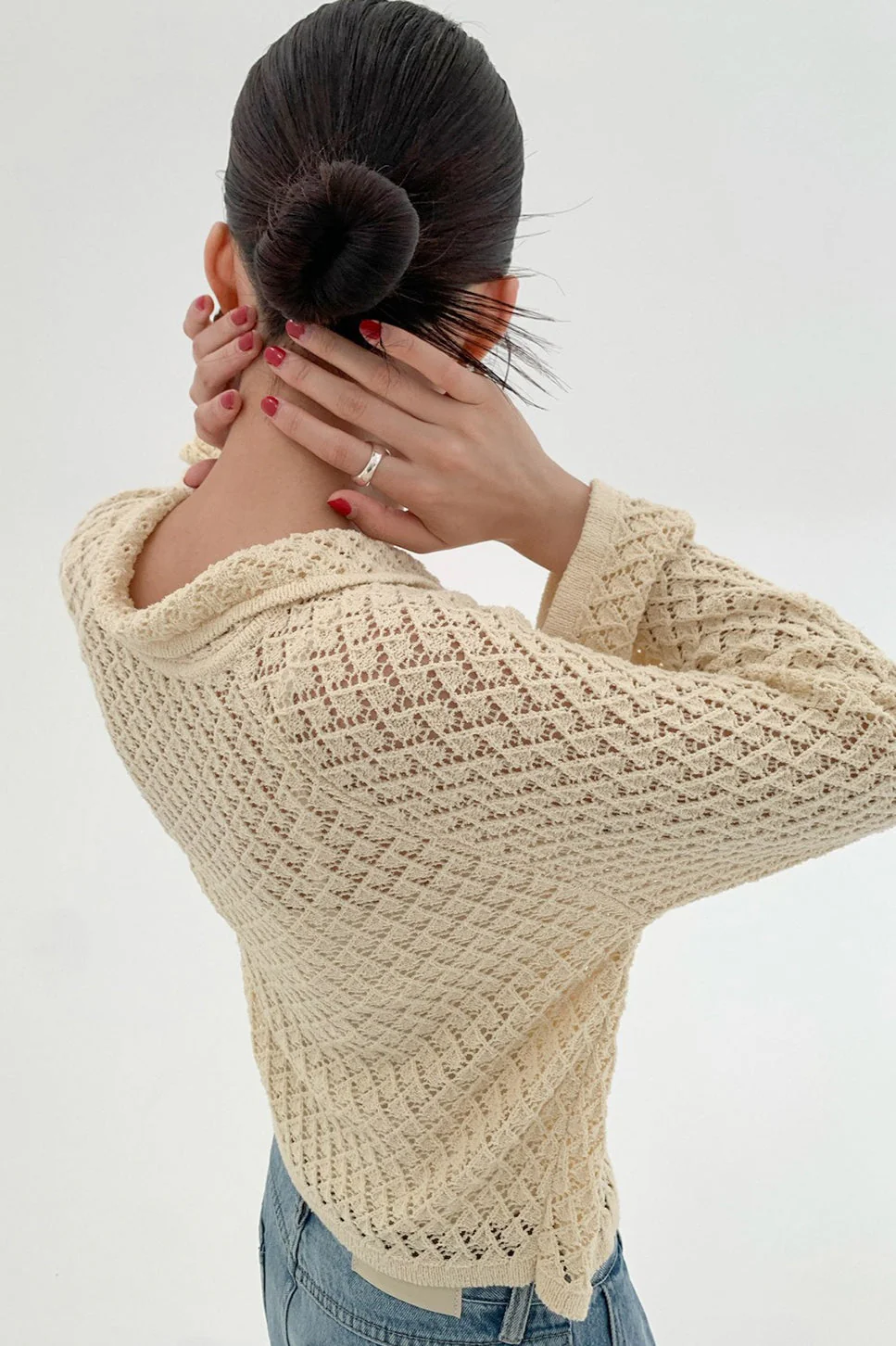 Hollow-Out Collared Tie-Waist Long-Sleeve Short Knit Cardigan - Image 6
