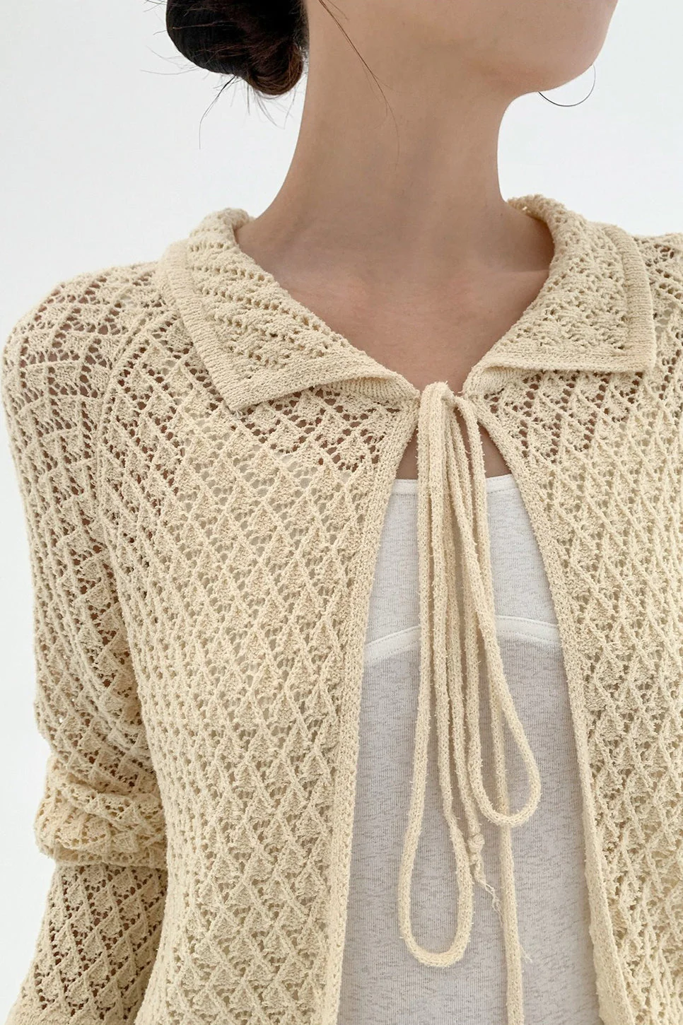 Hollow-Out Collared Tie-Waist Long-Sleeve Short Knit Cardigan - Image 7