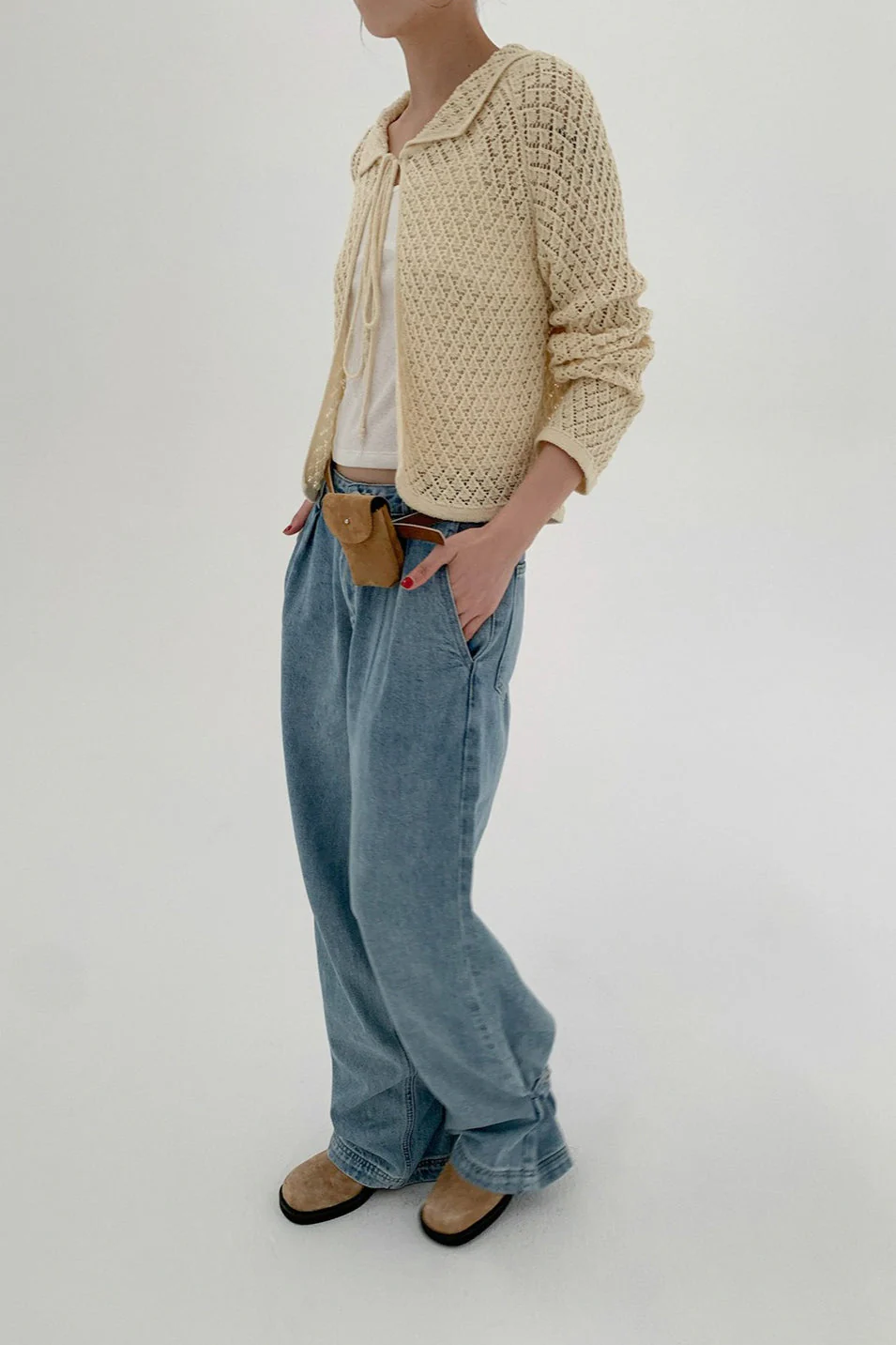 Hollow-Out Collared Tie-Waist Long-Sleeve Short Knit Cardigan - Image 9