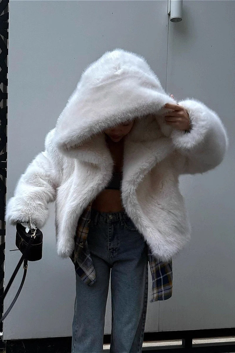 Hooded Faux Fox Fur White Short Coat - Image 3