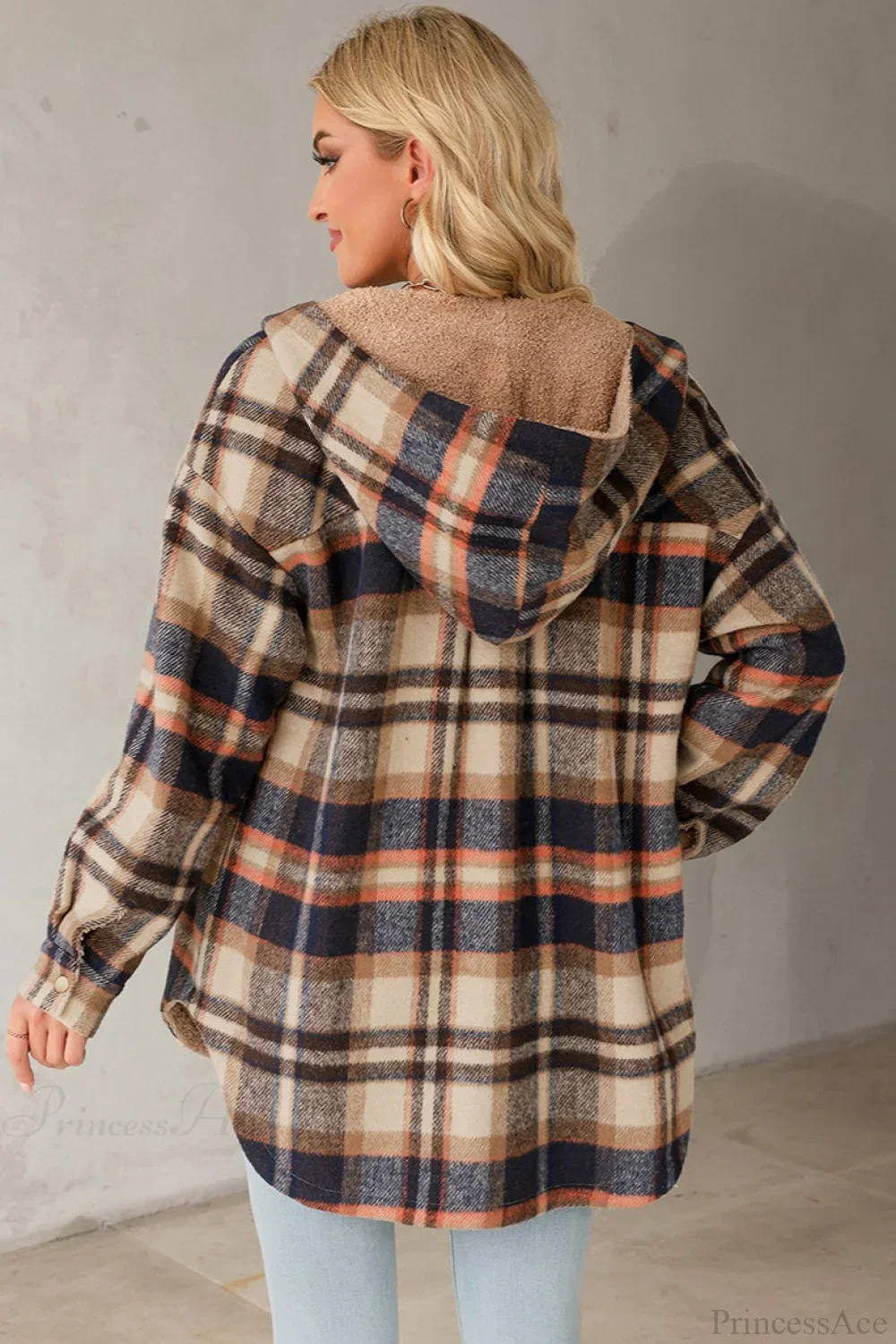 Hooded Long Sleeve Plaid Print Fleece Lined Coat - Image 2