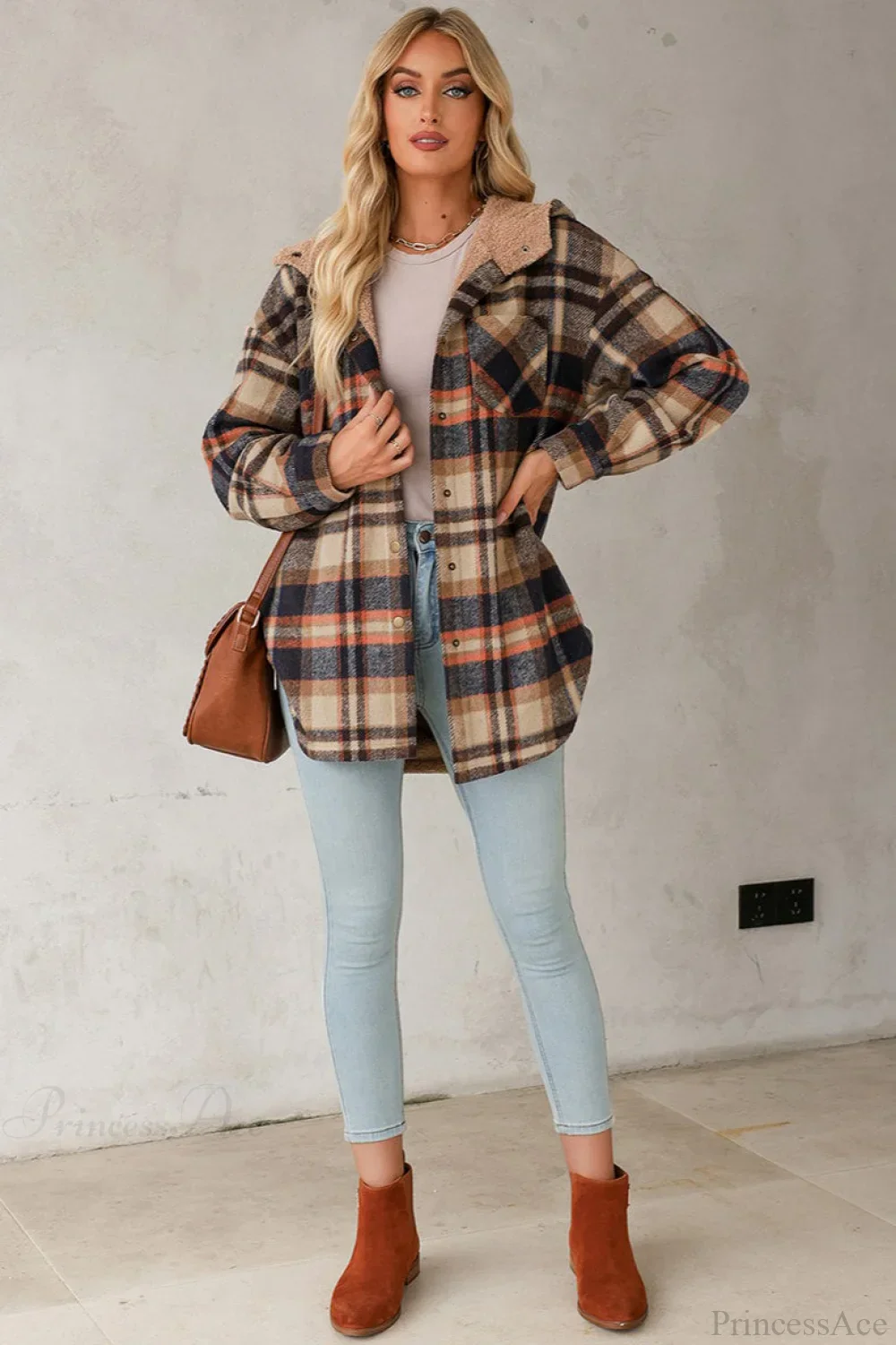 Hooded Long Sleeve Plaid Print Fleece Lined Coat - Image 3