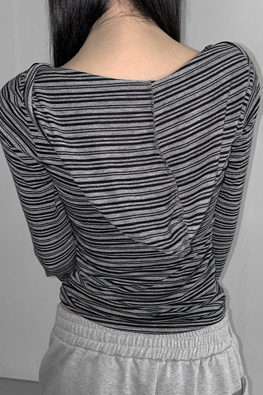 Hooded Striped Color Block Button V Neck Long Sleeve Blouse - Image 3
