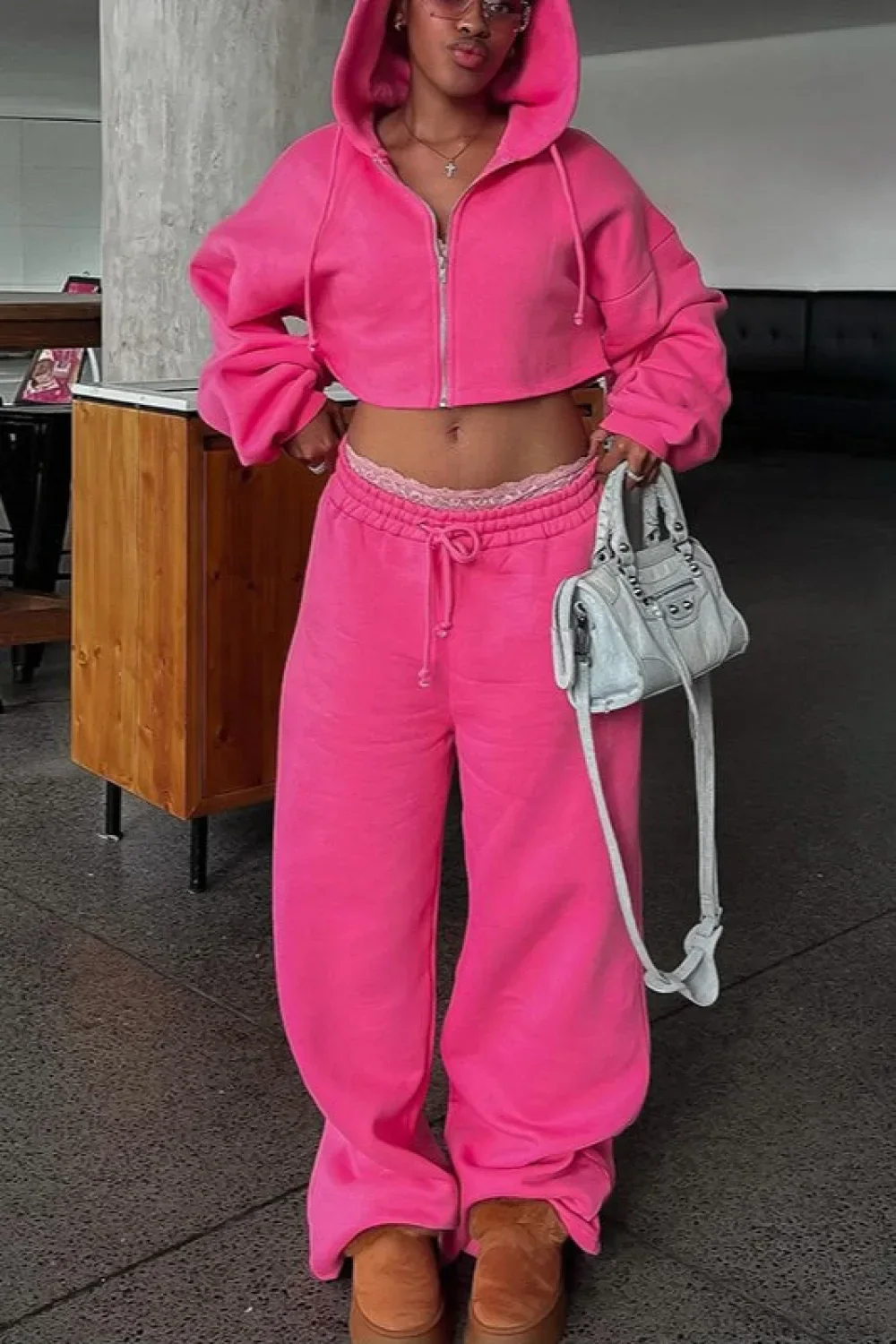 Hooded Zipper Cropped Slim Fit Casual Two Piece Set - Image 4