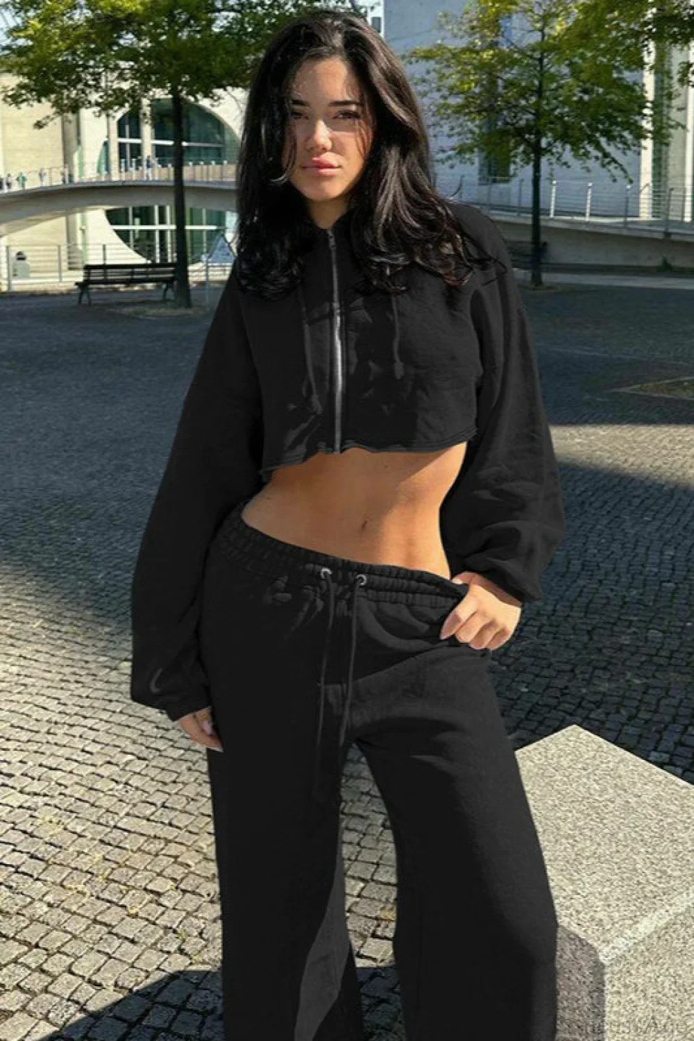 Hooded Zipper Cropped Slim Fit Casual Two Piece Set - Image 8