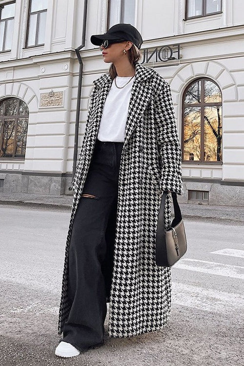 Houndstooth Long Trench Coat Chic Elegant Overcoat - Image 2