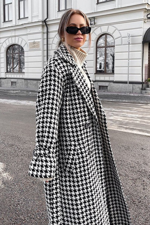 Houndstooth Long Trench Coat Chic Elegant Overcoat - Image 3