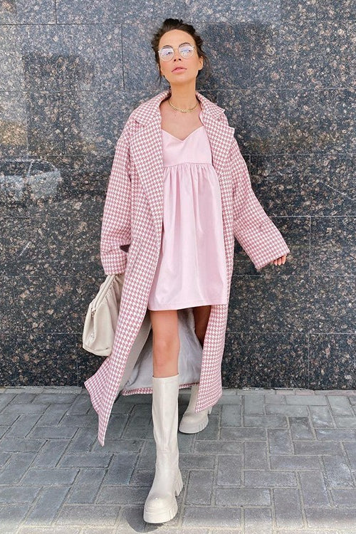 Houndstooth Long Trench Coat Chic Elegant Overcoat - Image 6