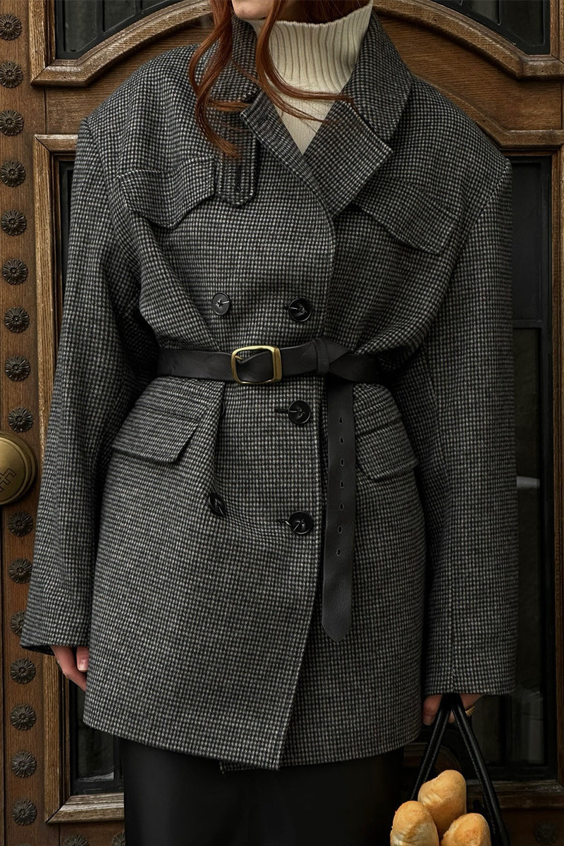 Houndstooth Wool Double Breasted Mid Length Trench Coat - Image 3