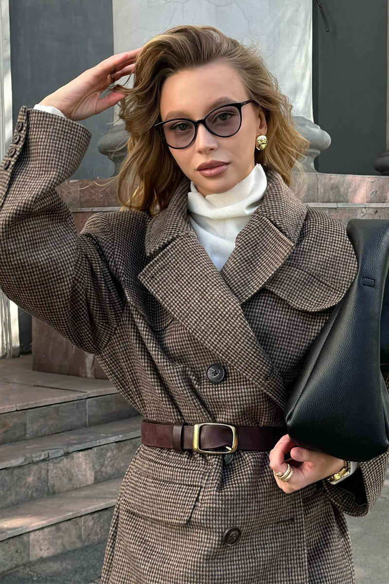 Houndstooth Wool Double Breasted Mid Length Trench Coat - Image 4