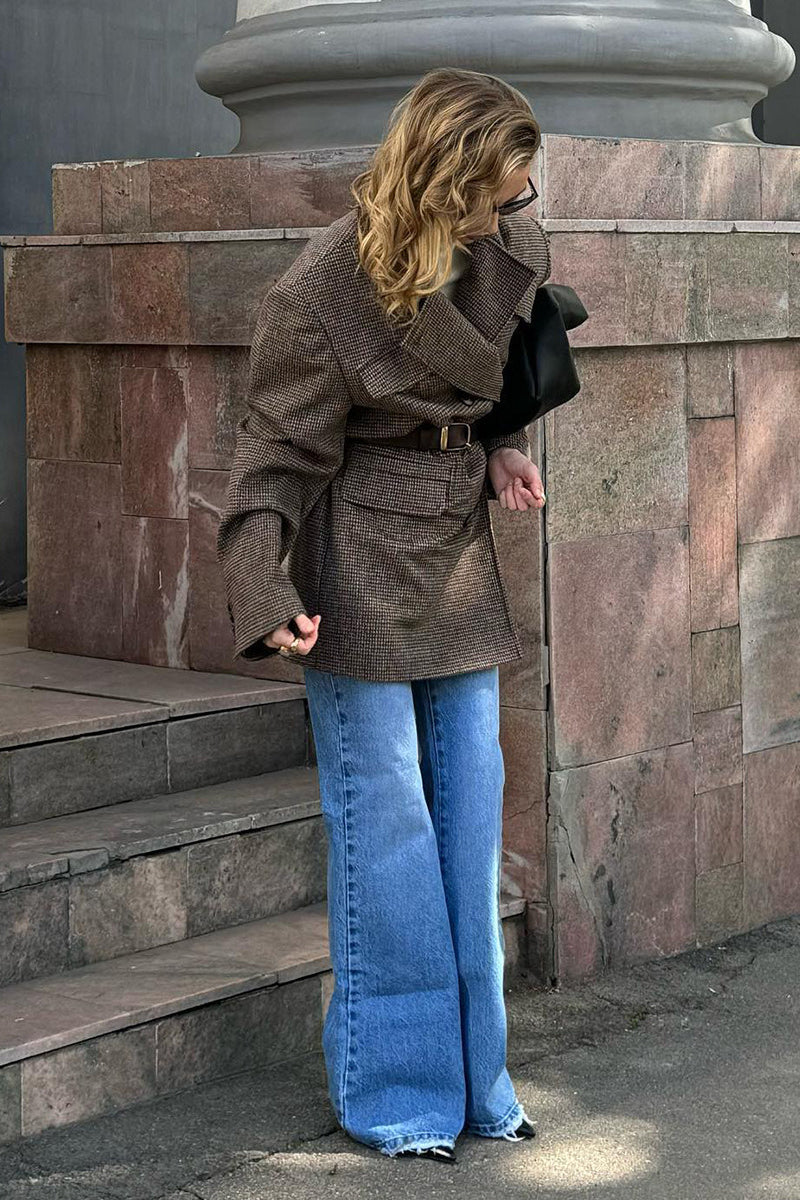 Houndstooth Wool Double Breasted Mid Length Trench Coat - Image 6