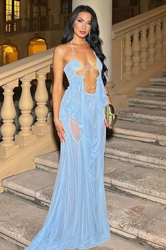 Irregular Sheer Tulle Patchwork Metal Decorative Prom Dress - Image 8