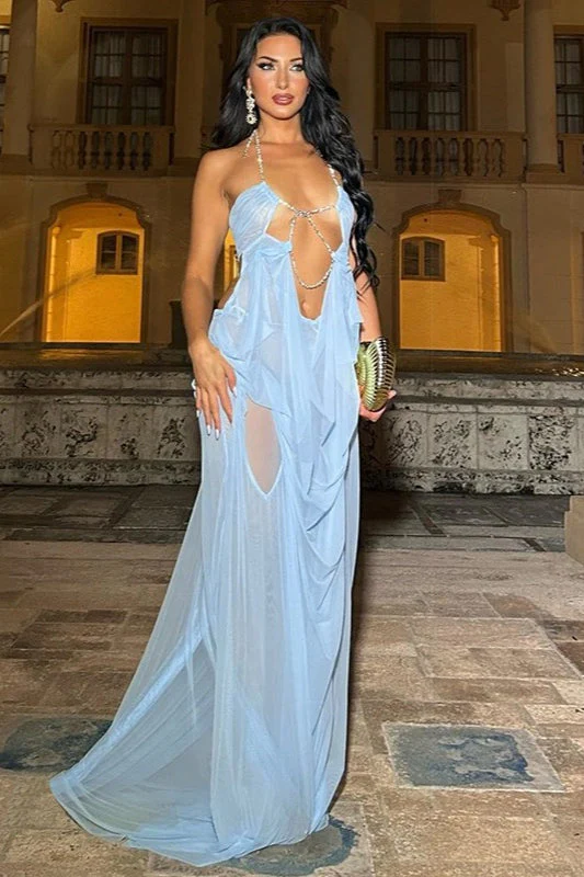 Irregular Sheer Tulle Patchwork Metal Decorative Prom Dress - Image 9