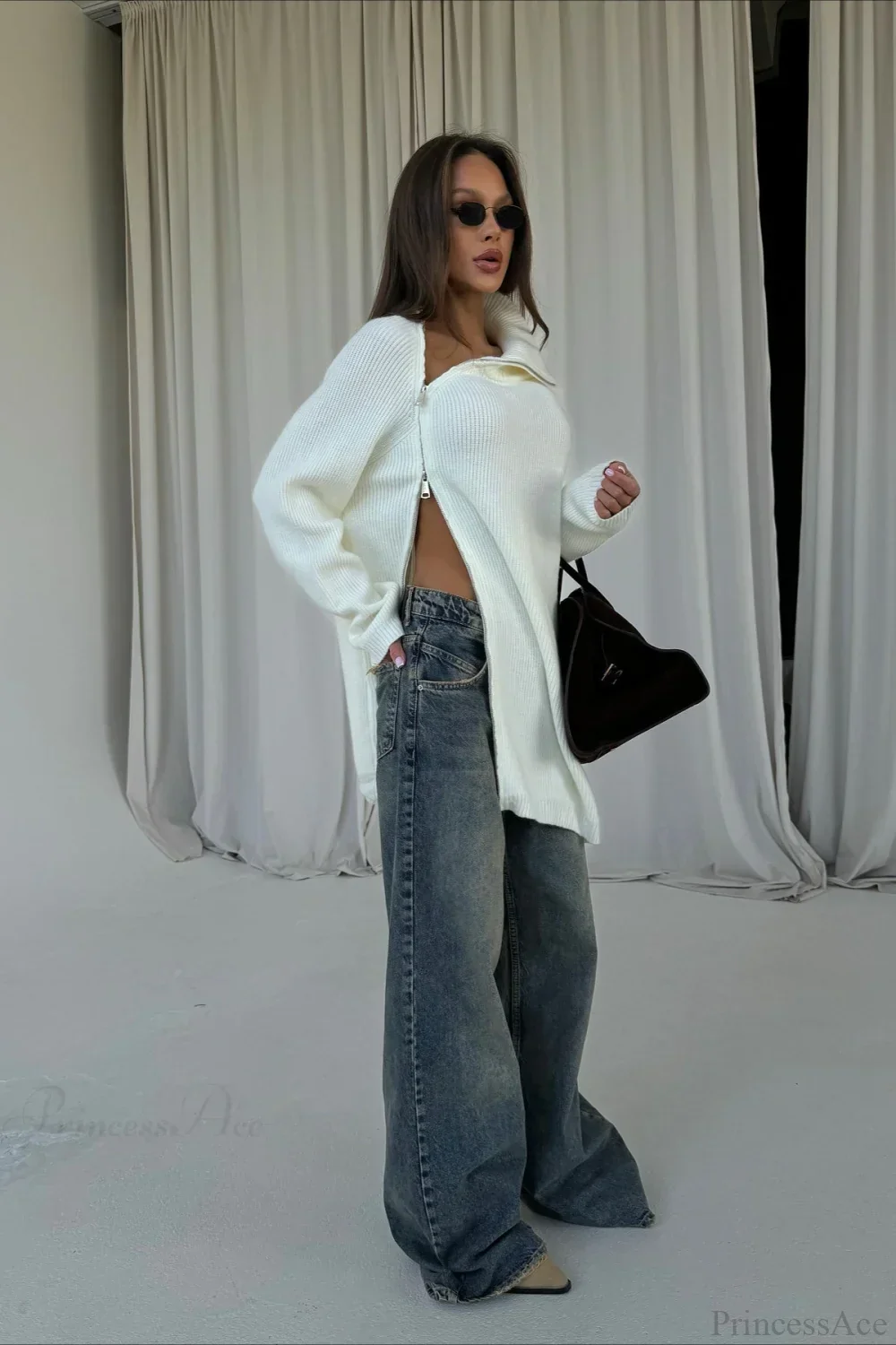 Irregular Zip High Neck Mid-Length Loose Sweater - Image 4