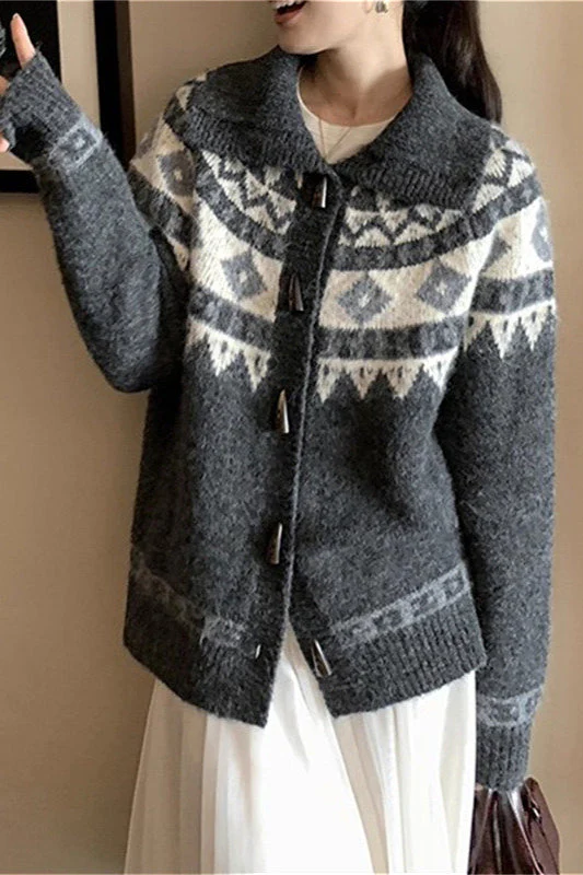 Jacquard Collar Horn Button Retro Loose Knit Cardigan - Image 2